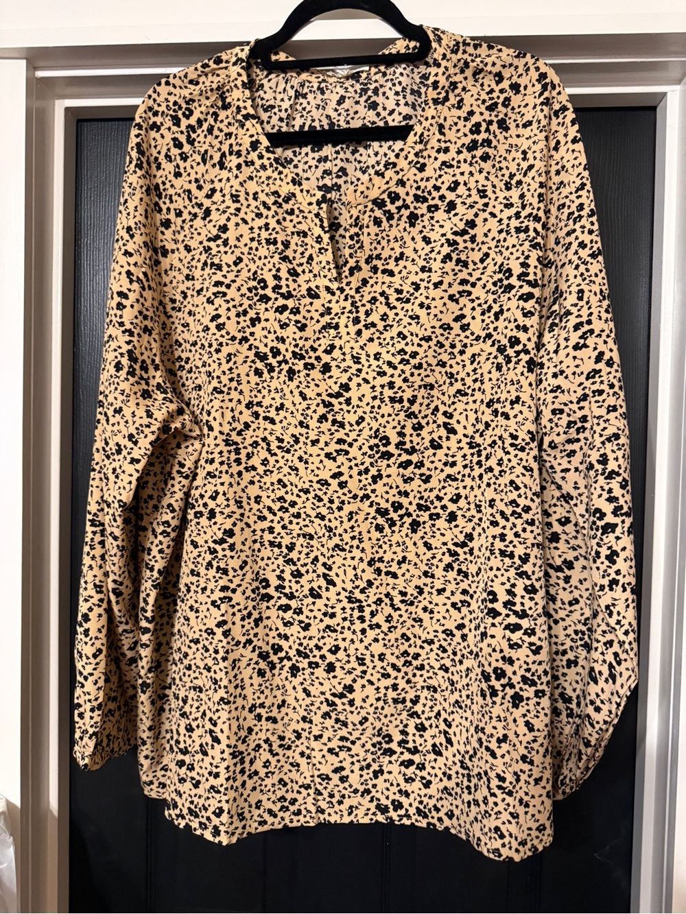 Woven Beige & Black Printed Long-Sleeve Blouse